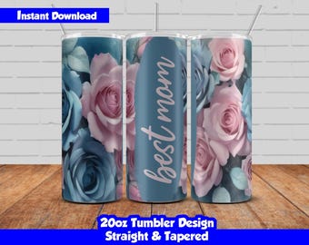 20oz Skinny Tumbler Sublimation Wrap, Best Mom Floral Design, Customizable PNG Tumbler Wrap, Gift For Mom, Straight & Tapered, Seamless