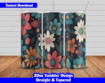 20oz Skinny Tumbler Sublimation Wrap, Colorful Flowers Design, PNG Digital Download, Straight & Tapered, Seamless Floral Tumbler Wrap