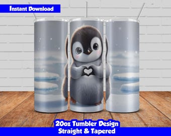20oz Skinny Tumbler Wrap, Cute Penguin Heart Gesture, Penguin Sublimation design, PNG Digital Download, Straight & Tapered, Seamless Design