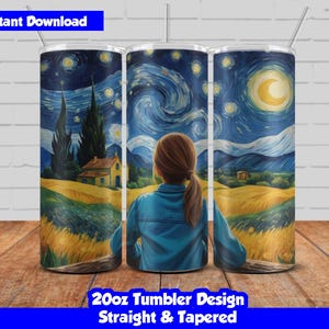 Envoltura para vaso delgado de 20 oz con sublimación, diseño de chica de noche estrellada, descarga digital PNG, envoltura para vaso recta y cónica, sin costuras