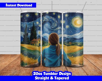 20oz Skinny Tumbler Sublimation Wrap, Starry Night Girl Design, PNG Digital Download, Straight & Tapered, Seamless Tumbler Wrap
