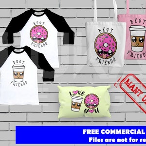 May include: Three different designs of apparel featuring a donut and coffee cup with the text "Best Friends". The designs are on a white t-shirt with black sleeves, a white tote bag, and a yellow pillow.