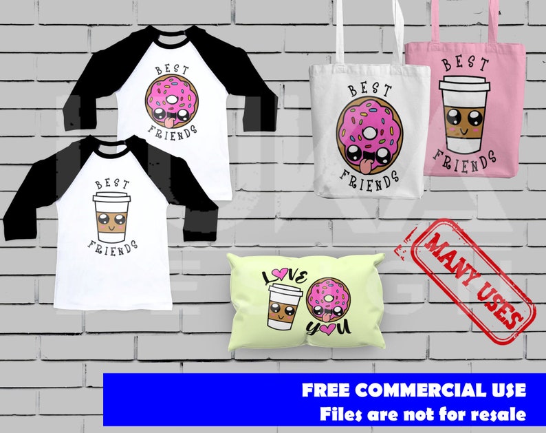 May include: Three different designs of apparel featuring a donut and coffee cup with the text "Best Friends". The designs are on a white t-shirt with black sleeves, a white tote bag, and a yellow pillow.