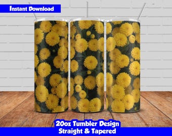 20oz Skinny Tumbler Sublimation Wrap, Yellow Flowers Design, PNG Digital Download, Straight & Tapered, Seamless Floral Tumbler Wrap