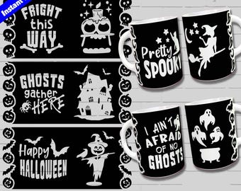 ハロウィン マグカップ デザイン SVG、クリカット マグ プレス SVG、マグカップ テンプレート 5 個、ハロウィン マグ ラップ バンドル、12 オンスおよび 15 オンス マグカップ用昇華デザイン PNG