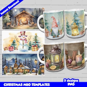 Christmas Mug Wrap Watercolor Painting Style, Sublimation Mug Designs, Christmas Mug Designs PNG, Sublimate Templates, Christmas Mug scenes