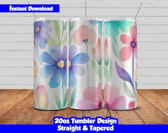 20oz Skinny Tumbler Sublimation Wrap, Flowers Design, PNG Digital Download, Straight & Tapered, Seamless Floral Tumbler Wrap