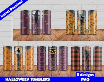 Halloween zipper tumbler wrap designs, 20oz Skinny Tumblers Sublimation Designs, Halloween Tumbler Bundle PNG, Straight and Tapered