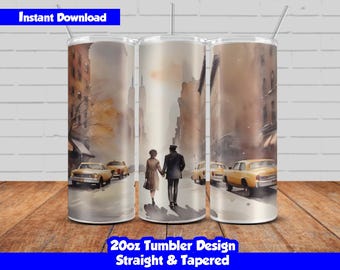 Vintage New York landscape wrap design, 20oz Skinny Tumblers Sublimation Design, Valentine’s Day Tumbler Wrap, Straight and Tapered Included