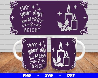 Weihnachten Cricut Mug Press SVG, Mug Press Template, Weihnachten Tasse Wrap svg, Sublimation Design Png, Merry and Bright Svg für 12oz & 15oz Tasse