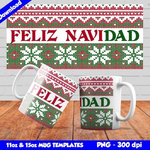 Merry Christmas Mug Wrap, Sublimate Mug Design PNG, Christmas Mug Design, Sublimation Template, 11oz and 15oz mug, Feliz Navidad dad