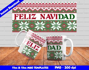 Merry Christmas Mug Wrap, Sublimate Mug Design PNG, Christmas Mug Design, Sublimation Template, 11oz and 15oz mug, Feliz Navidad dad