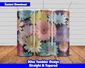 20oz Skinny Tumbler Sublimation Wrap, Colorful Flowers Design, PNG Digital Download, Straight & Tapered, Seamless Floral Tumbler Wrap