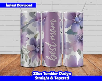 20oz Skinny Tumbler Sublimation Wrap, Best Mom Floral Design, Customizable PNG Tumbler Wrap, Gift For Mom, Straight & Tapered, Seamless