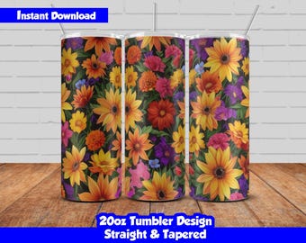 20oz Skinny Tumbler Sublimation Wrap, Colorful Flowers Design, PNG Digital Download, Straight & Tapered, Seamless Floral Tumbler Wrap