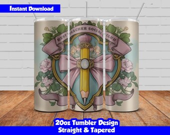 20oz Skinny Tumbler Sublimation Wrap, Best Teacher Social Club Design, PNG Digital Download, Straight & Tapered, Seamless Tumbler Wrap