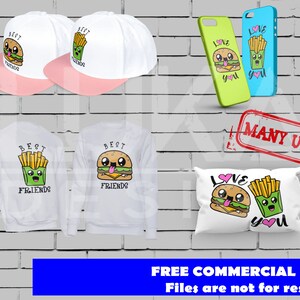May include: Two white long-sleeve shirts with a graphic of a burger and fries with the text "Best Friends". Two white baseball caps with the same graphic and the text "Best Friends". Two phone cases with the text "Love You" and a graphic of a burger and fries. A white pillow with the text "Love You" and a graphic of a burger and fries. The text "MANY USES" is stamped in red on a white background.