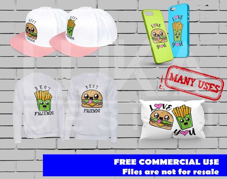 May include: Two white long-sleeve shirts with a graphic of a burger and fries with the text "Best Friends". Two white baseball caps with the same graphic and the text "Best Friends". Two phone cases with the text "Love You" and a graphic of a burger and fries. A white pillow with the text "Love You" and a graphic of a burger and fries. The text "MANY USES" is stamped in red on a white background.