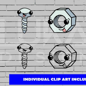 May include: Two cartoon illustrations of a screw and a nut with googly eyes and smiling faces. The screw and nut are drawn in black outline on a white brick background.