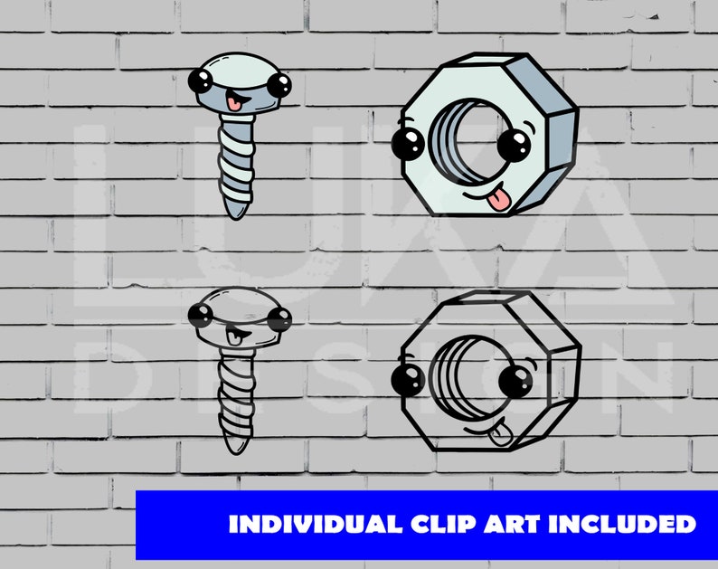 May include: Two cartoon illustrations of a screw and a nut with googly eyes and smiling faces. The screw and nut are drawn in black outline on a white brick background.