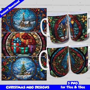 Christmas Mug Wrap Stained Glass Style, Sublimation Mug Designs, Christmas Mug Designs PNG, Sublimate Templates, Christmas Mug scenes
