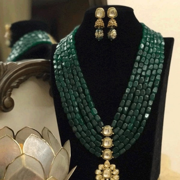 Indian Jewelry/ Polki Long Necklace/ Kundan Jewelry/ Gold Necklace/ Pakistani Jewelry/ Emerald Semiprecious Stone Necklace/ Jhumka Earrings