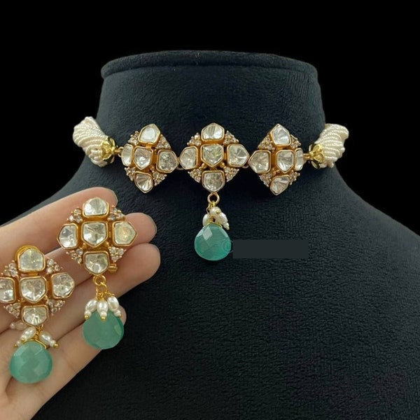 Moissanite Uncut Diamond Polki Necklace/ Victorian Pearl CZ Necklace Set/ Indian Jewelry/ Indian Necklace/ Unique Kundan Statement Necklace