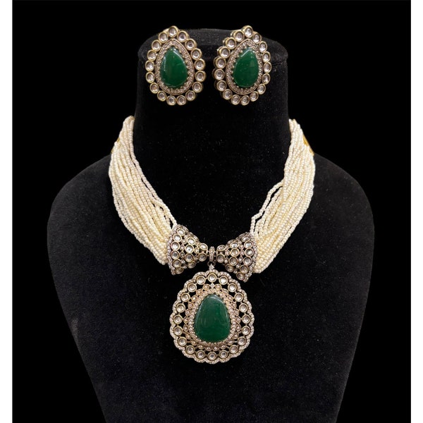 Silver Foiling American Diamond Victorian Polki Choker/ Indian Jewelry/ Pearl Choker/ Bollywood Jewelry/ Statement Necklace/ Kundan Necklace