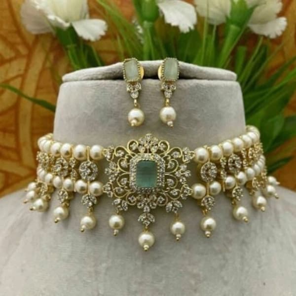 Mint Green Kundan Choker/ Indian Wedding Jewelry/ AD and CZ Diamond Necklace/ Kundan Pearl Jewelry/ Kundan Necklace/ Indian Choker Necklace