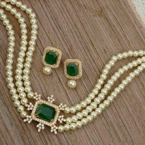 Indian Traditional Jewelry/ Pearl Choker/ Indian Wedding/ Kundan Choker/ American Diamond/ Ruby Pearl Necklace/ Studs Earrings/ Pakistani