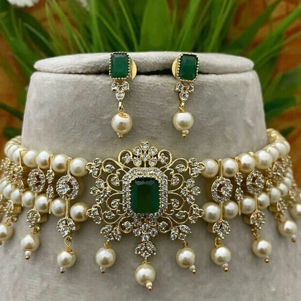 Gold Necklace Emerald Green Diamond Necklace Kundan Choker Indian Jewelry American Diamond Indian Choker Small CZ Earrings Crystal Necklace