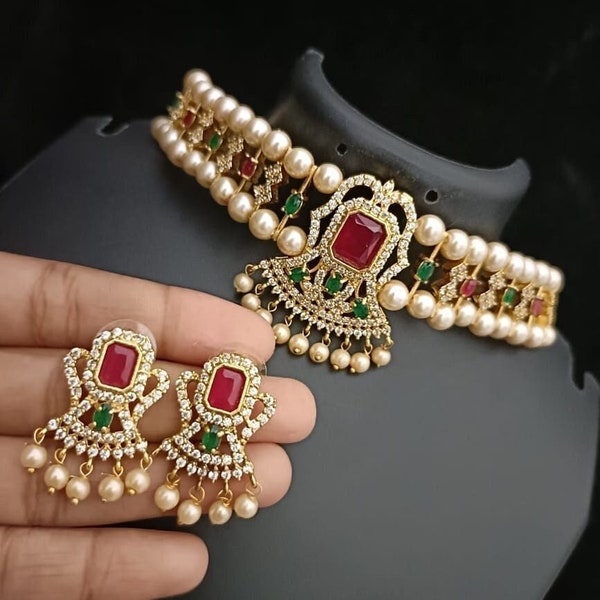 Indian Jewelry/ Ruby Pearl Choker/ Emerald Green Kundan Choker/ Indian Wedding/ American Diamond/ Kundan Pearl Jewelry/ Pakistani Necklace