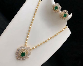 Emerald Diamond Necklace, Long Pearl Necklace Set, Indian Necklace Gold Necklace Set Statement Jewelry Indian Wedding Jewelry Indian Jewelry