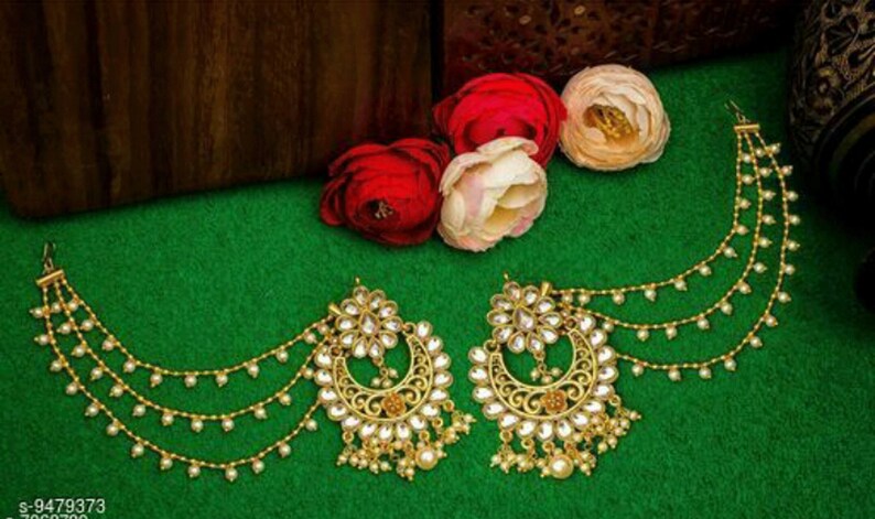 Hair Chain Earrings Bollywood Jewelry Temple Jewelry Bahubali Earrings Indian Oxidised Gold Plated Earrings With Ear Chains Pearl Earrings
