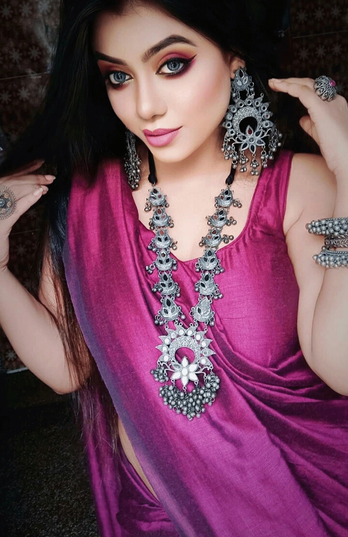 Oxidised Silver Long Mirror Necklace Set Ghungroo Necklace Etsy