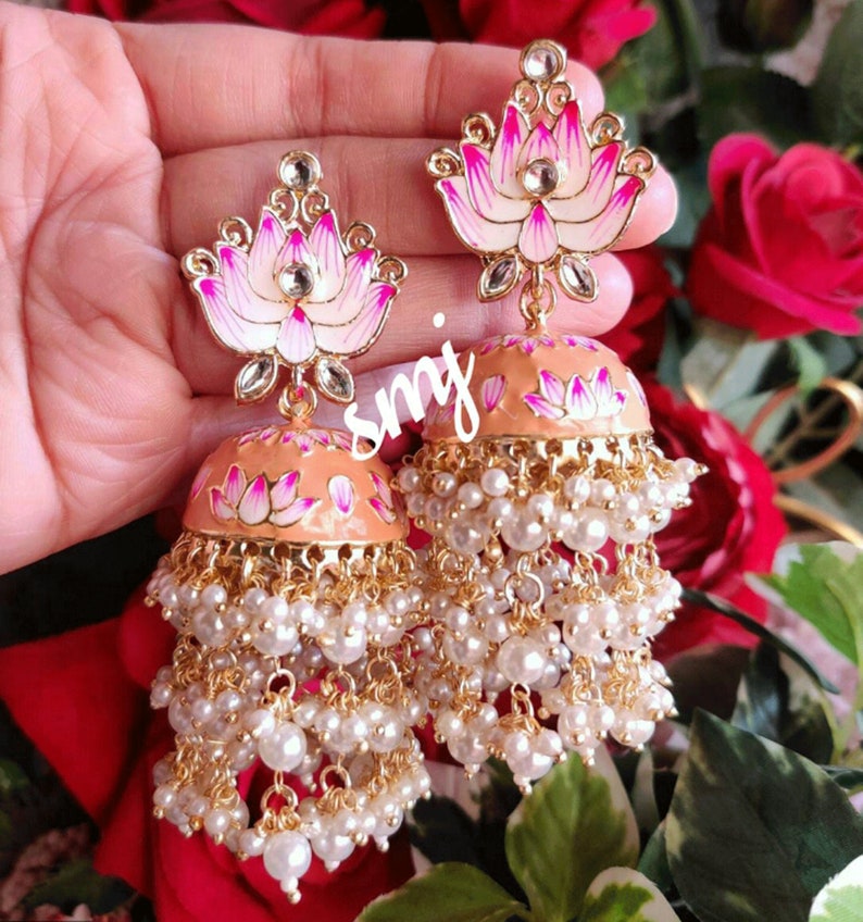 Indian Jewelry Traditional Kundan Pearl Jewelry Handmade Hand Painted Meenakari Kundan Earrings Wedding Jewelry Designer Kundan Jewelry