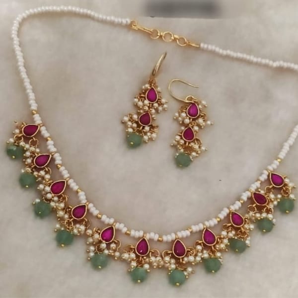Pink Green Jadau Kundan Pearl Necklace With Strawberry Pumpkins Beads Gold Necklace Indian Jewelry Guttapusalu Kemp Choker Pakistani Jewelry
