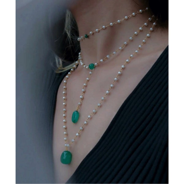 Pearl Necklace Gold Necklace Indian Jewelry Pakistani Jewelry Crystal Necklace Green Beaded Necklace Layered Chain Necklace Lariat Necklace