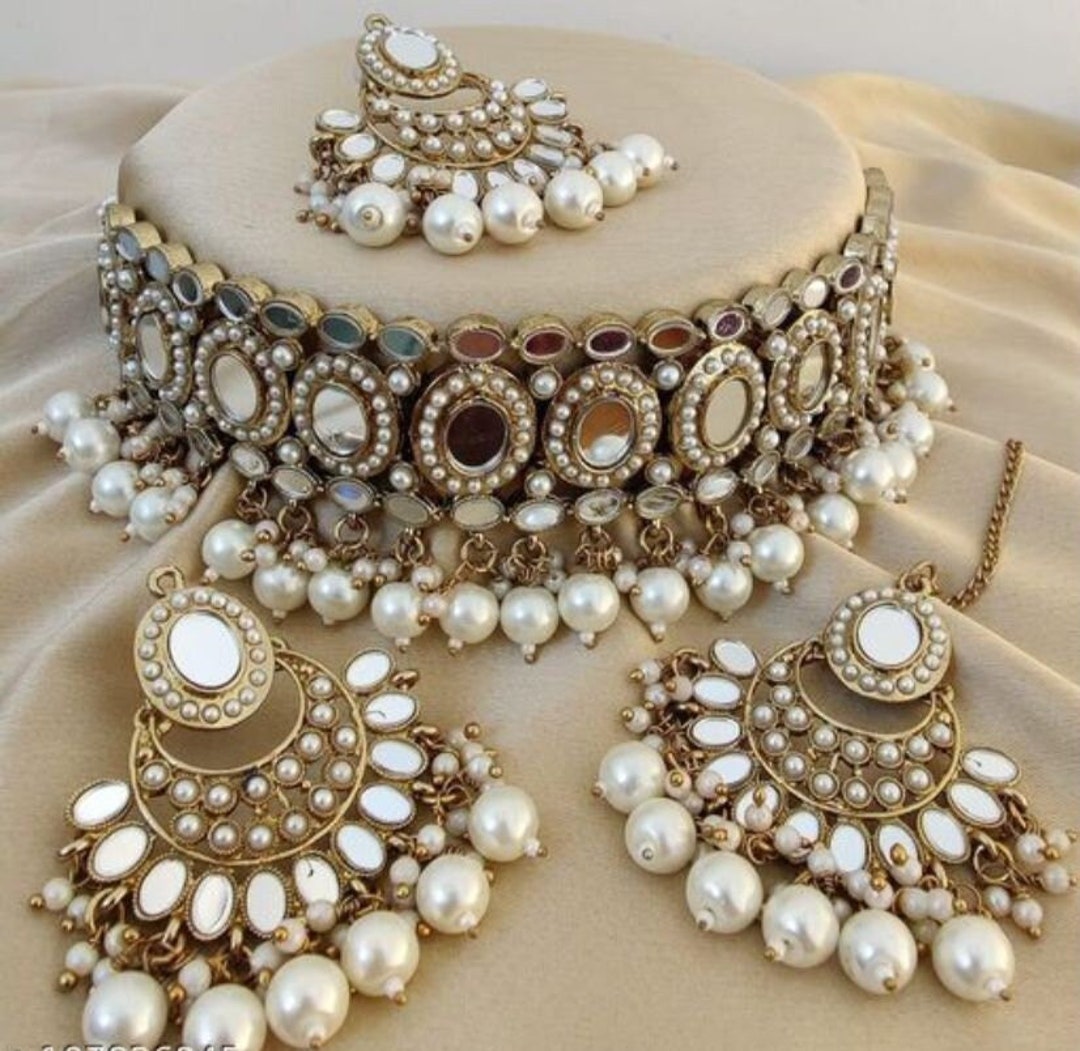 Buy Indian Choker Kundan Pearl Jewelry Mirror Jewelry Emerald