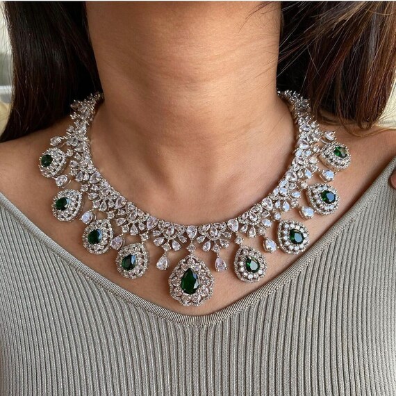 Silver Diamond Necklace/ CZ Earrings/ Indian Jewelry/ - Etsy