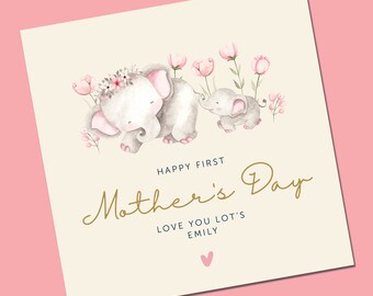 May include: A card with a watercolor illustration of two elephants, one with a flower crown, and the text "Happy First Mother's Day Love You Lot's Emily".