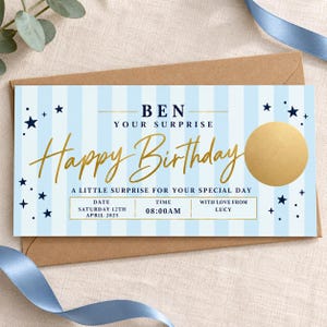 May include: A rectangular birthday scratch-off card with light blue and white vertical stripes, featuring dark blue stars, gold script text reading Happy Birthday, and a gold circle. Text includes BEN, YOUR SURPRISE, and date details.