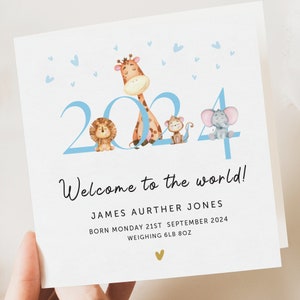Carte personnalisée pour nouveau-né, carte Safari Bienvenue dans le monde, nouveau-né garçon, cadeau bébé garçon, carte de bienvenue pour bébé, petit-fils, neveu, fille
