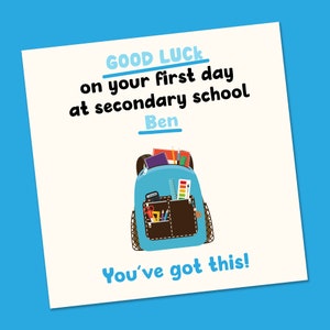Cartão de primeiro dia de aula, volta às aulas, primeiro dia de ensino médio, cartão de ensino médio, cartão de nova escola, cartão de boa sorte personalizado