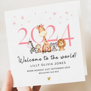 Nueva tarjeta de bebé personalizada, tarjeta Safari de bienvenida al mundo, niña recién nacida, regalo de niña, tarjeta de bienvenida para bebés, nieta, sobrina