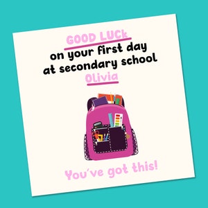 Tarjeta de primer día en la escuela, Regreso a la escuela, Primer día de la escuela secundaria, Tarjeta de la escuela superior, Tarjeta de la nueva escuela, Tarjeta de buena suerte personalizada