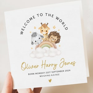 Neue Baby Karte, Safari-Andenken, Willkommen in der Welt, personalisierte Karte, Neugeborenen Baby Jungen, Mädchen Geschenk, Enkelin Baby, Enkel, Neffe