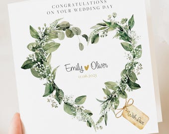 Personalisierte Hochzeit Blumenkarte | Brautpaar Grußbild | Herzlichen Glückwunsch Hochzeit Luxus-Karte | Hochzeitskarte | Grün geblümt