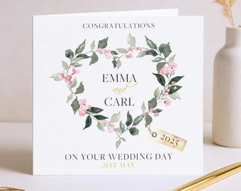 Tarjeta floral de boda personalizada / Saludo para recién casados / Tarjeta de felicitación de boda / Tarjeta de regalo de boda / Iniciales