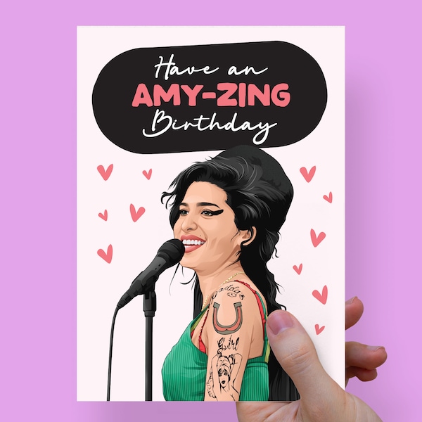 Carte d'anniversaire drôle, cadeau, Amy Winehouse, carte d'anniversaire, carte d'anniversaire pour fille, soeur, amie, petite amie, pour elle, dos noir